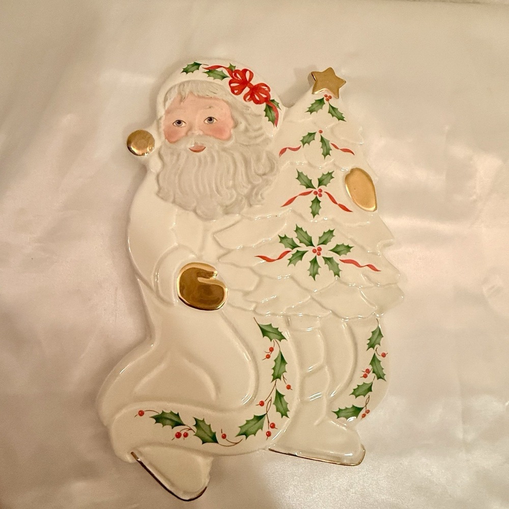 Lennox Vintage Santa Christmas Cookie Dish Ivory‎ Gold Color  Trim Elegant 9"
